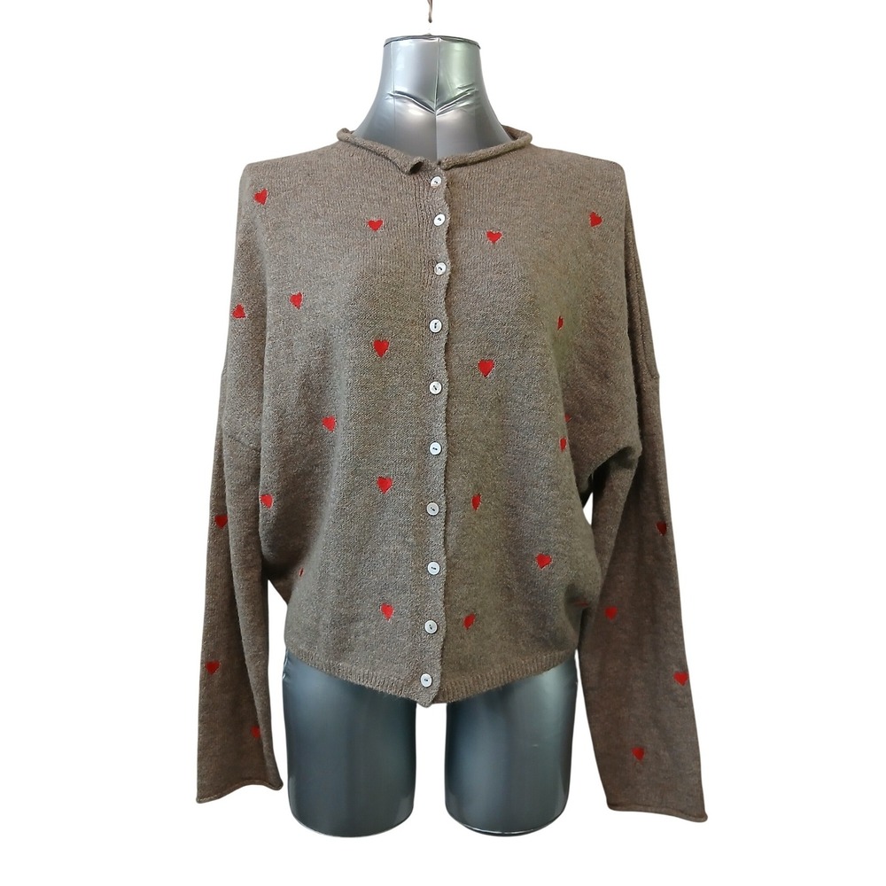 Things Between Heart Embroidered Piper Cardigan Soft Knit Coquette Hearts Brown